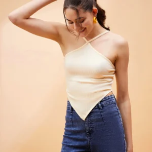 Women Off White Rib Criss Cross Halter Neck Top