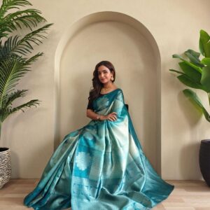 Model wearing Premium Printed Silk Weaving Saree with Silver Zari
