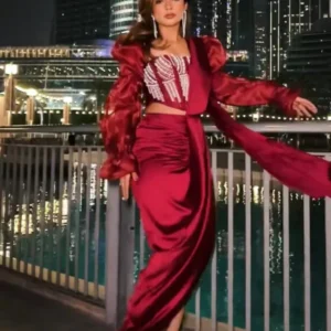 Aalia Burgundy Wrap Pre-Stitched Saree in Armani satin with ruching