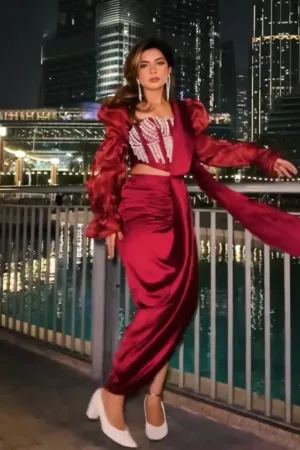 Aalia Burgundy Wrap Pre-Stitched Saree in Armani satin with ruching