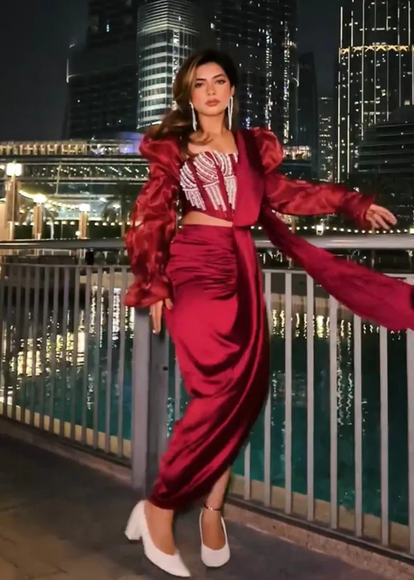 Aalia Burgundy Wrap Pre-Stitched Saree in Armani satin with ruching