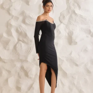 Close-up of rhinestone embroidery on Adele Black Corset Dress neckline