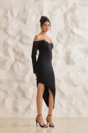 Close-up of rhinestone embroidery on Adele Black Corset Dress neckline