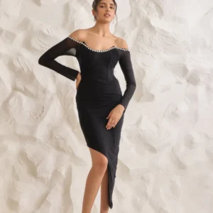 Adele Black Power Mesh Corset Rhinestone Dress