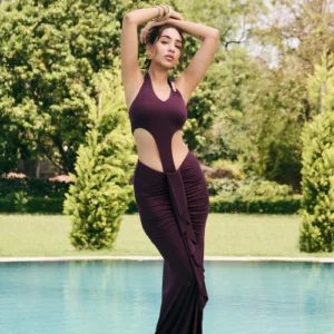 Elina Plum Modal Draped Top with halter neck and cut-out panel