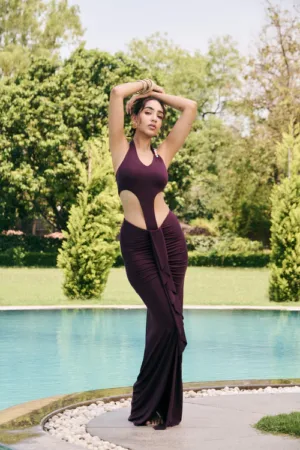 Elina Plum Modal Draped Top with halter neck and cut-out panel