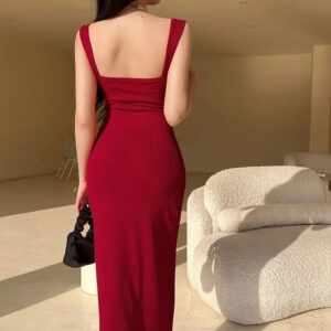 Back view of red fitted sleeveless maxi dress