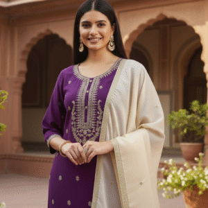 Regal Violet Embroidered Kurta Set with Contrast Dupatta