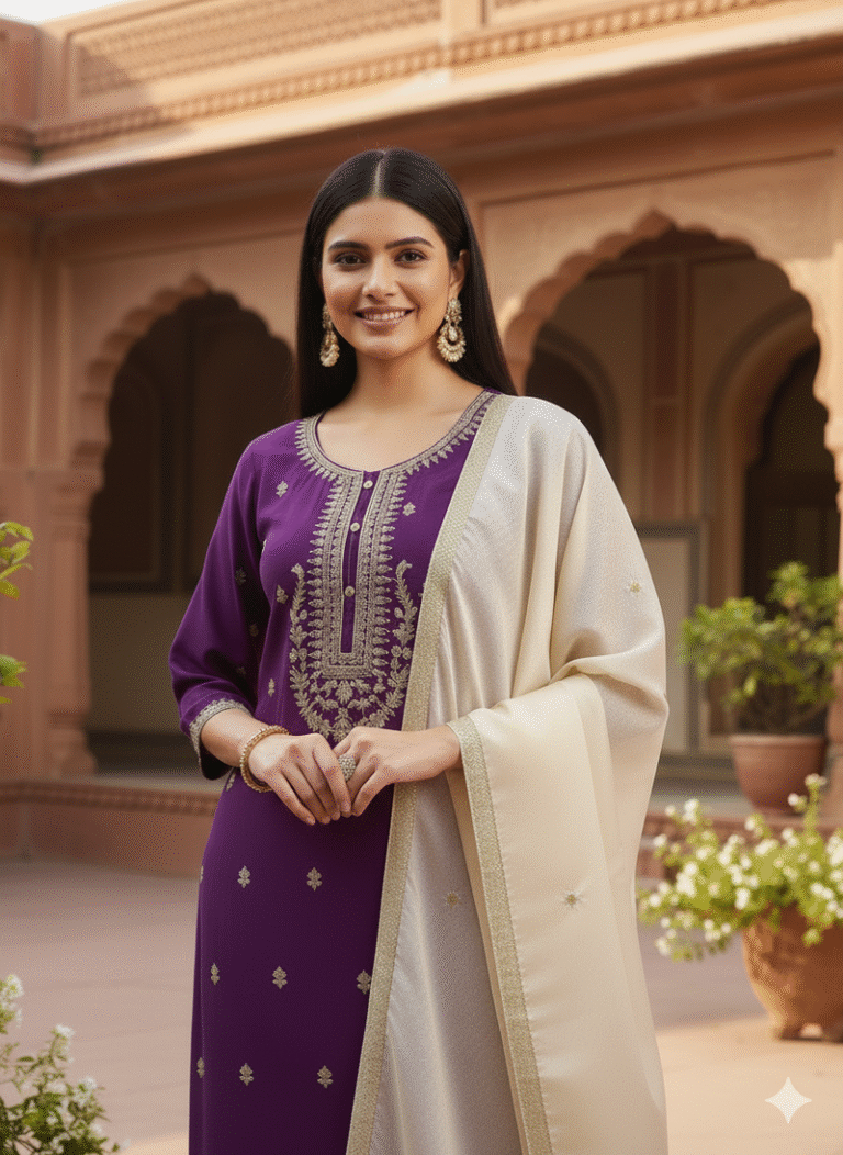 Regal Violet Embroidered Kurta Set with Contrast Dupatta