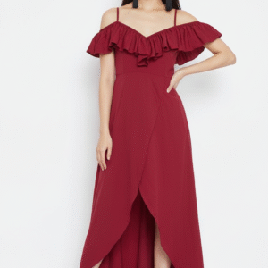 Sona Mart Solid Red V-Neck Ruffled Maxi Dress