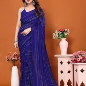 Model wearing a navy blue striped casual wear satin saree with a matching blouse.