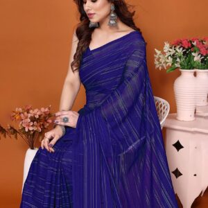 Model wearing a navy blue striped casual wear satin saree with a matching blouse.