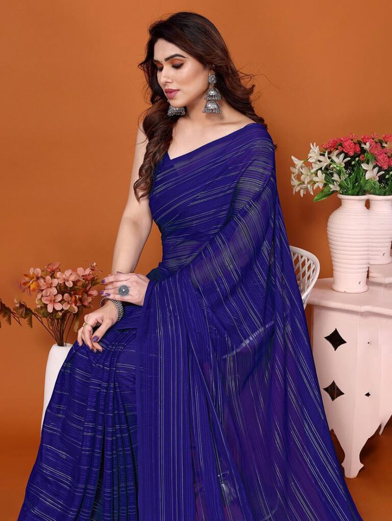 Modern Striped Navy Blue Satin Saree for Casual Wear Sona Mart