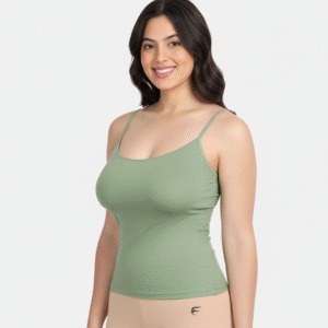 Model wearing a premium Fair Green modal scoop neck camisole by Envie.