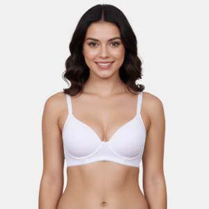 Model wearing Envie white padded non-wired t-shirt bra with seamless finish.