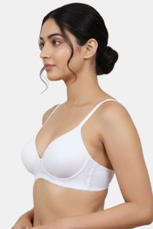 Model wearing Envie white padded non-wired t-shirt bra with seamless finish.