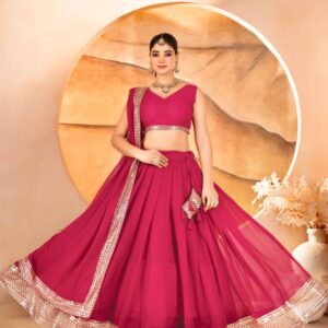 Model wearing a vibrant pink Faux Blooming lehenga choli with intricate sequins embroidery, perfect for party wear, available at Sona Mart