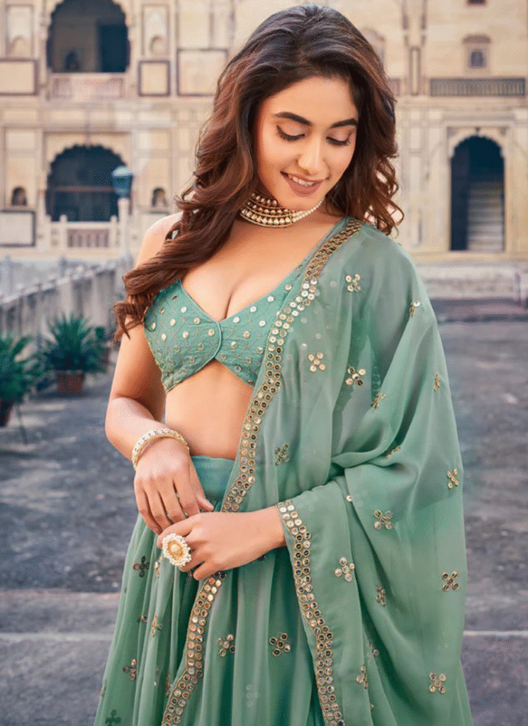 TraditionalWearDesignerSequenceWorkGeorgetteGreenLehengaCholi 2