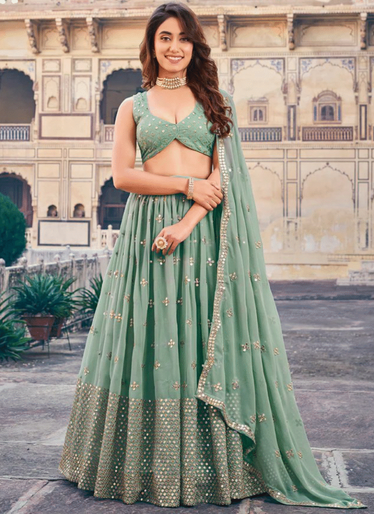 Home 19 Traditional Designer Sequence Work Georgette Green Lehenga Choli