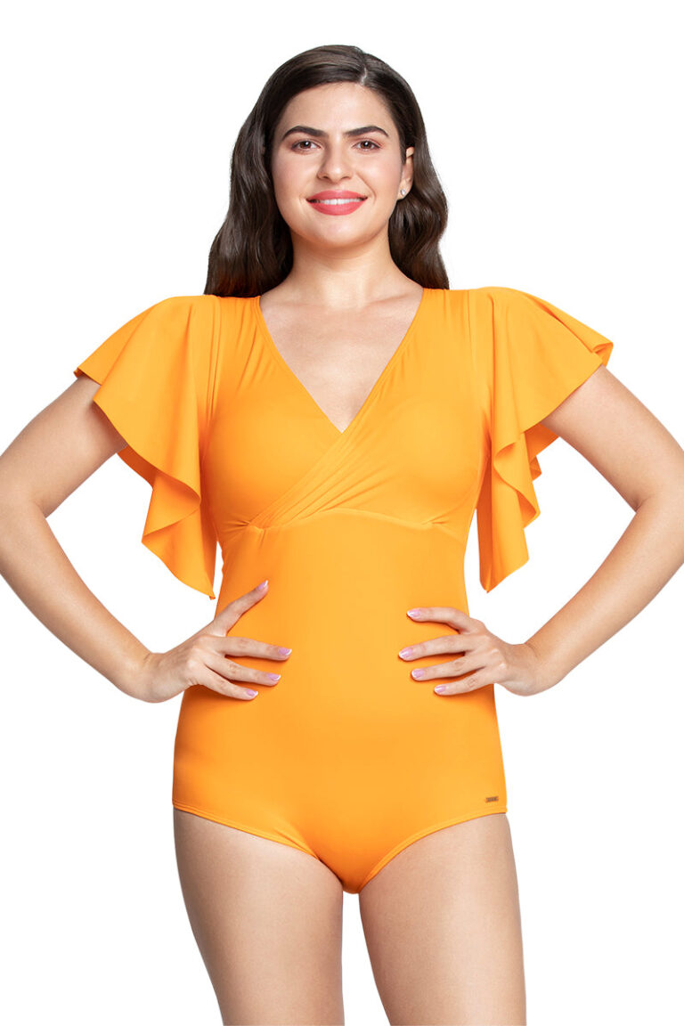 Elegant V-Neck Ruffled Sleeve Slimming One-Piece Swimsuit