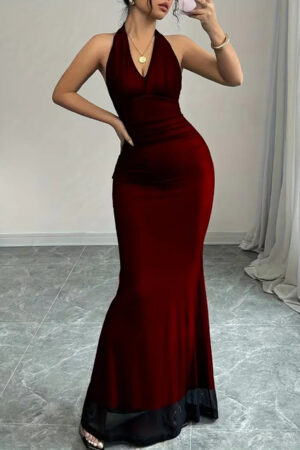 Backless Mermaid Long Dress with Mesh Halter Neck In Red 1296x