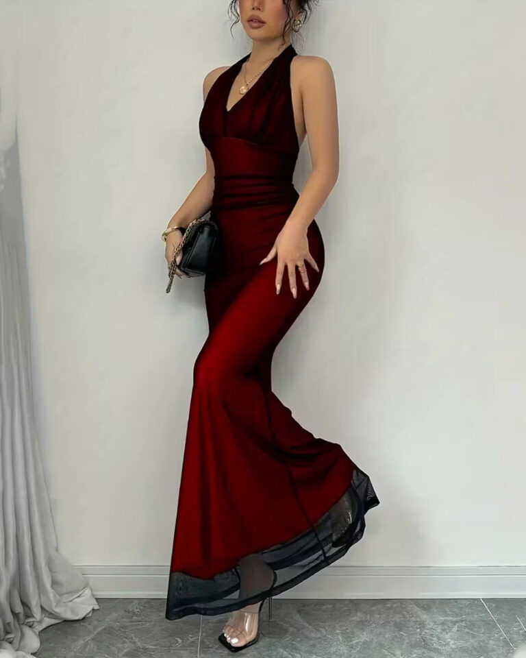 Stunning Red Backless Mermaid Maxi Dress with Mesh Halter Neck