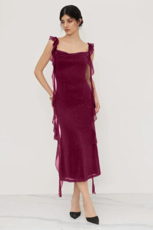 Square Neck Bodycon Midi Dress in Maroon