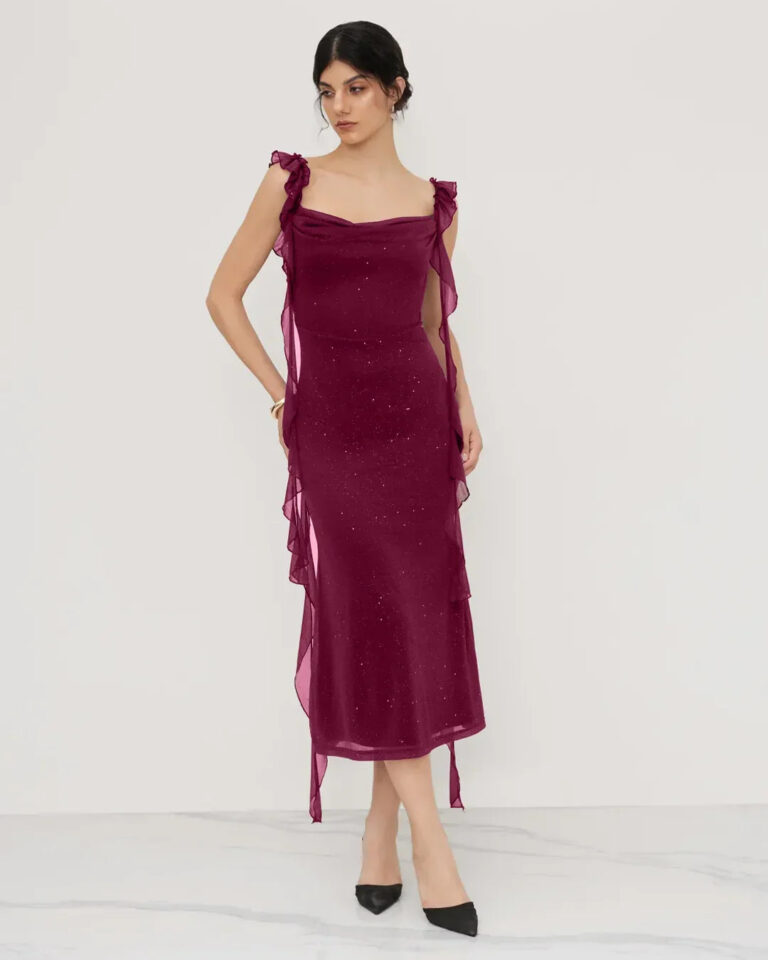 Square Neck Bodycon Midi Dress in Maroon