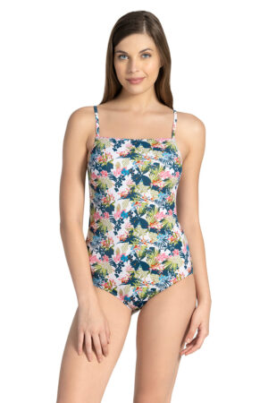 Model wearing a stunning classic straight neck padded one-piece swimsuit with adjustable straps and full back coverage, perfect for beach and pool wear.