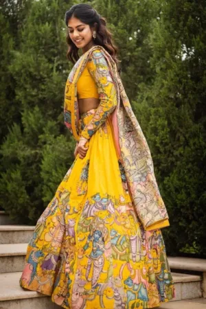 Yellow Fully Stitched Kalamkari Lehenga Choli in SM