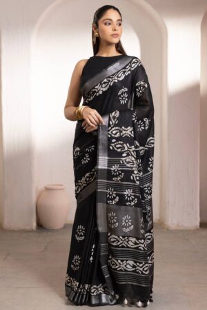 black linen batik print saree with tassels womens soch srcabp121218a 01