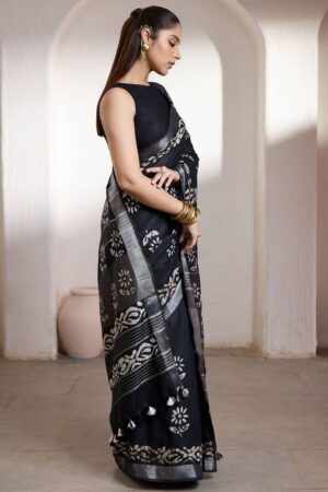 black linen batik print saree with tassels womens soch srcabp121218a 02