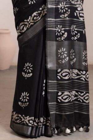 black linen batik print saree with tassels womens soch srcabp121218a 05