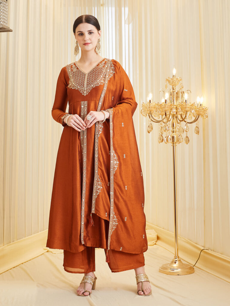 Premium Orange Silk Embroidered Anarkali Set with Dupatta