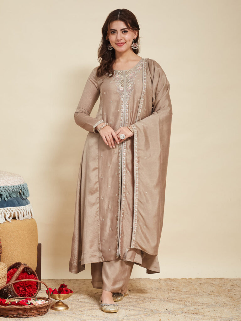 Elegant Grey Embroidered Silk Anarkali Kurta  Dupatta Set