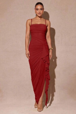 Woman wearing Sona Mart dark red high slit bodycon dress with ruffle trim