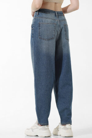 Blue High Rise Slouchy Fit Jeans for Women 4 Back view of women's 5-pocket blue slouchy jeans by Sona Mart