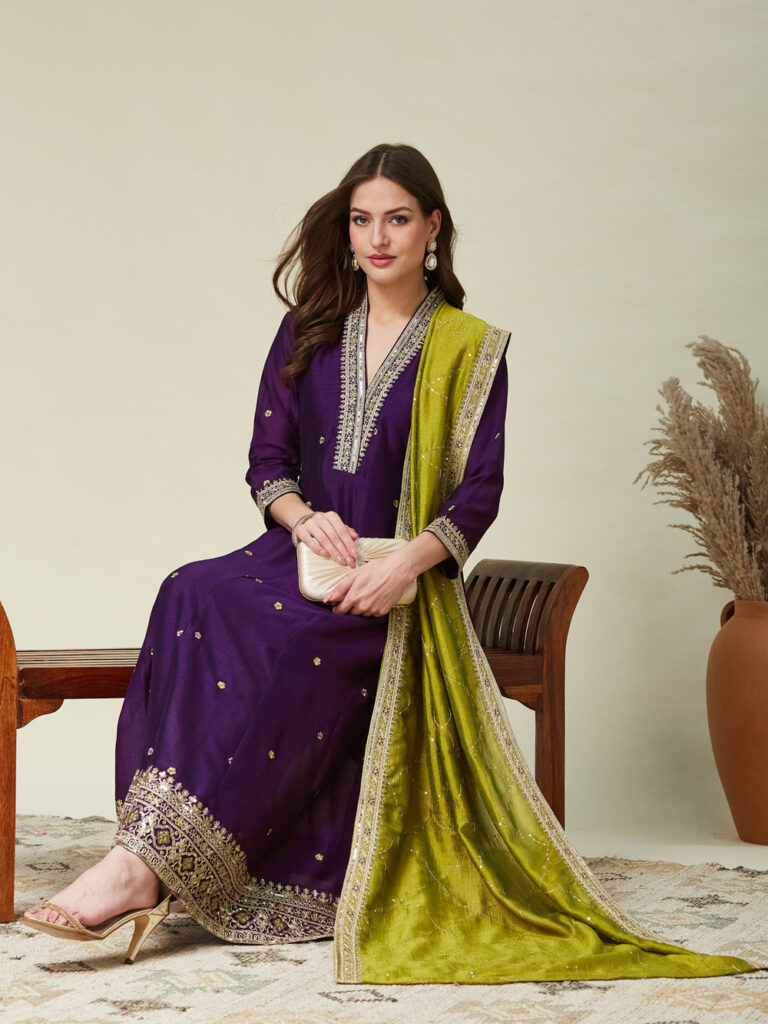 Regal Violet Embroidered Silk Anarkali Kurta & Dupatta Set