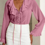 Ruffle Trim Semi-Sheer Bell Sleeve Top - Dusty Pink