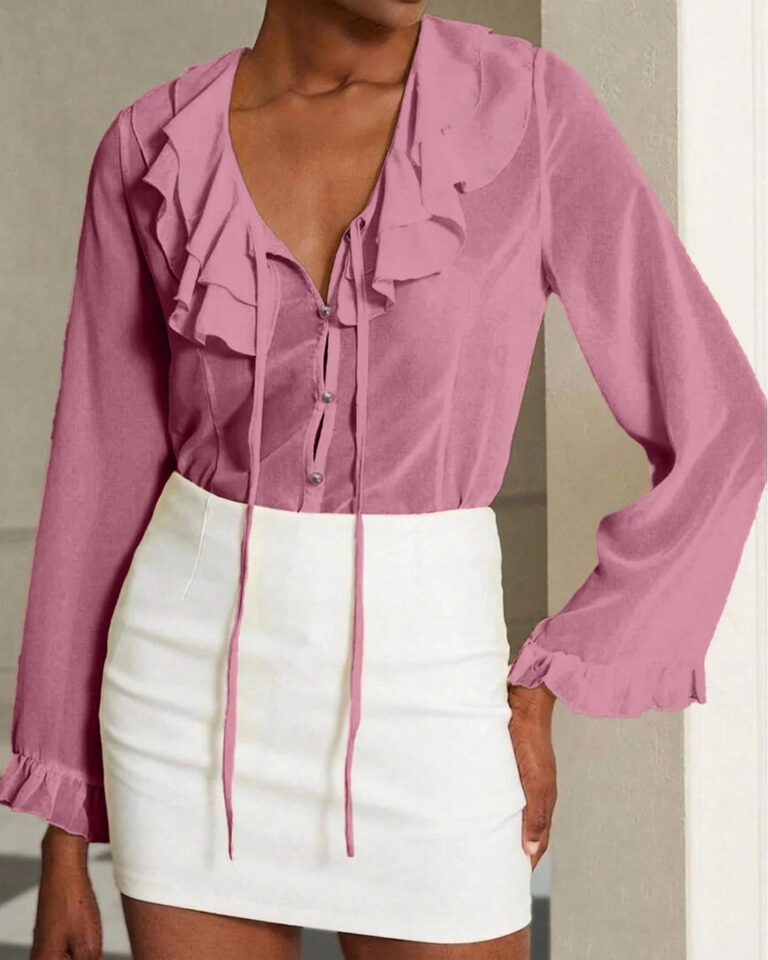 Home 20 Ruffle Trim Semi-Sheer Bell Sleeve Top – Dusty Pink