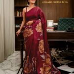 Maroon Khadi Floral Printed Saree with Unstitched Blouse