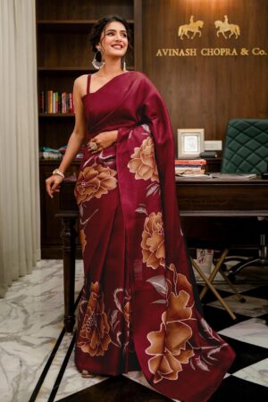 Maroon Khadi Floral Printed Saree with Unstitched Blouse 1 Woman wearing Sona Mart premium maroon khadi floral printed saree