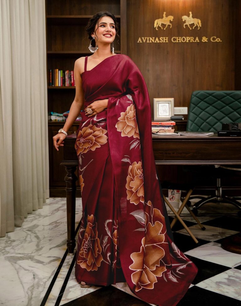 Maroon Khadi Floral Printed Saree with Unstitched Blouse