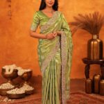 Pista Green Silk Woven Embroidery Saree with Stone Work