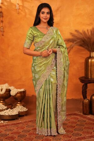 Pista Green Silk Woven Embroidery Saree with Stone Work 1 Model wearing Sista Mart premium pista green silk woven embroidery saree with stone work