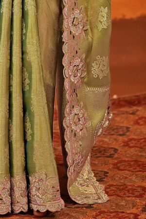 Pista Green Silk Woven Embroidery Saree with Stone Work 7 Close up of scalloped border and embroidery on Sona Mart pista green silk saree