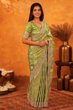 Pista Green Silk Woven Embroidery Saree with Stone Work 4 Close up of scalloped border and embroidery on Sona Mart pista green silk saree