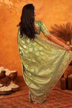 Pista Green Silk Woven Embroidery Saree with Stone Work 5 Close up of scalloped border and embroidery on Sona Mart pista green silk saree