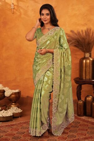 Pista Green Silk Woven Embroidery Saree with Stone Work 6 Close up of scalloped border and embroidery on Sona Mart pista green silk saree