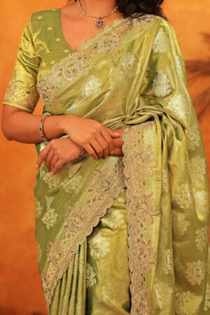 Pista Green Silk Woven Embroidery Saree with Stone Work 9 70144S121 9